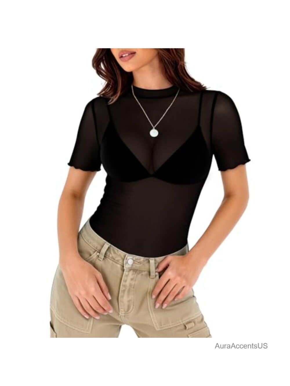 Sheer Mesh Lace Top Short Sleeve Mock Neck Stretchable